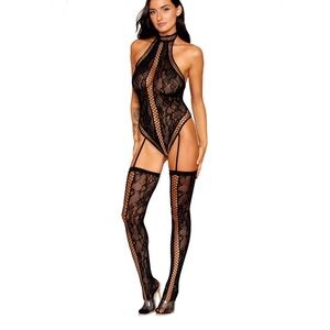DreamGirl • Lace Body Stocking Lingerie Teddy with Attached Stockings